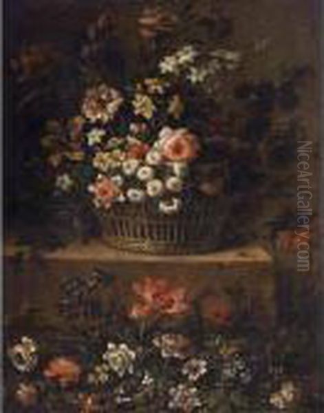 Roses, Daffodils, Tulips And 
Other Flowers In A Basket On A Stone Ledge, Together With Tulips, 
Anemones, Hyacinths And Other Flowers Below - view 1
