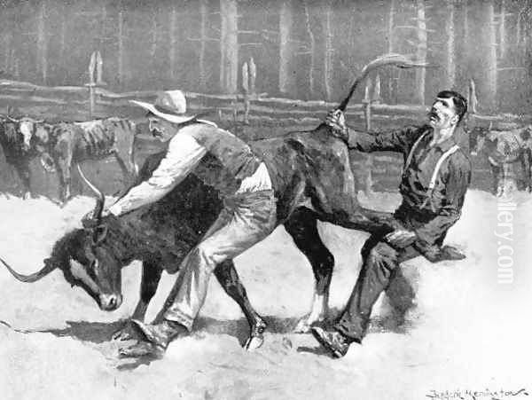 Cowboys wrestling a bull - view 1