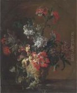 Carnations, Parrot Tulips, Narcissi And Other Flowers In A Sculptedurn On A Ledge by Jean-Baptiste Monnoyer