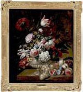 Still Life Of Tulips, Roses,
Peonies, Poppies And Other Flowers In A Vase Resting On A Table With
Figs, Grapes And Peaches by Jean-Baptiste Monnoyer