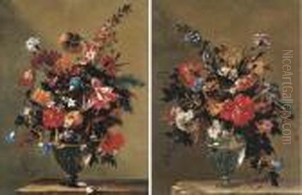 Peonies, Bluebells, Carnations 
And Other Flowers In A Glass Vase Ona Stone Ledge; And Peonies - view 1