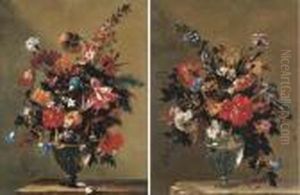 Peonies, Bluebells, Carnations
And Other Flowers In A Glass Vase Ona Stone Ledge; And Peonies by Jean-Baptiste Monnoyer