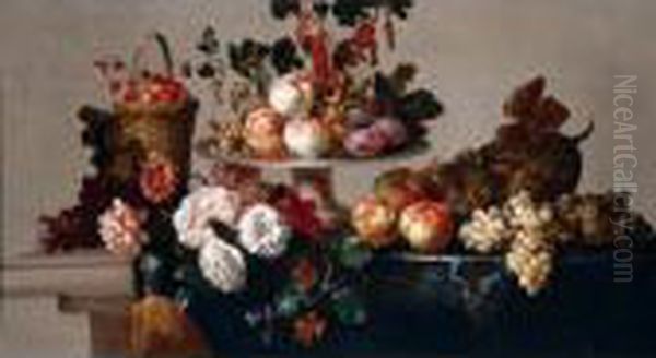 A Still Life Of Peaches, Plums,
Currants And Hazelnuts On A Silver Platter, Strawberries In A Basket,
Together With Grapes, Apples, A Melon, Peonies And Zinneas On A Stone
Table Draped With A Cloth - view 1