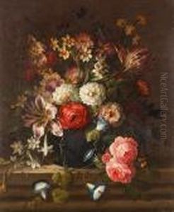 Tulips, Narcissi, Roses, 
Chrysanthemum, Morning Glory And Other Flowers In A Vase On A Stone 
Ledge
