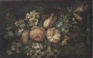 Roses, Tulips, Morning Glory And Other Flowers In A Basket by Jean-Baptiste Monnoyer