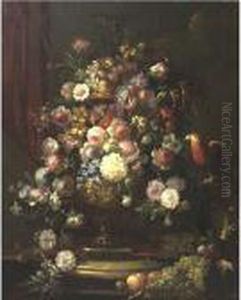 Still Life With Flowers, Grapes And Parrot by Jean-Baptiste Monnoyer
