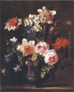 Still Life Of Roses, Carnations,
 Chrysanthemums, Carcissi, Morning Glory And Other Flowers In A Pewter 
Urn Resting On A Ledge