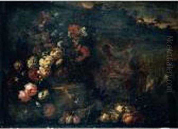 Still Life Of Flowers In A 
Sculpted Vase, Together With A Large Gilt Ewer, Carved Stone Reliefs And
 Fruit, Set Within A Landscape - view 1