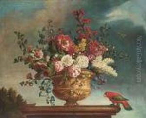 Summer Flowers In A Vase On A 
Plinth, With A Parrot And Butterflyto The Side; And Another Similar