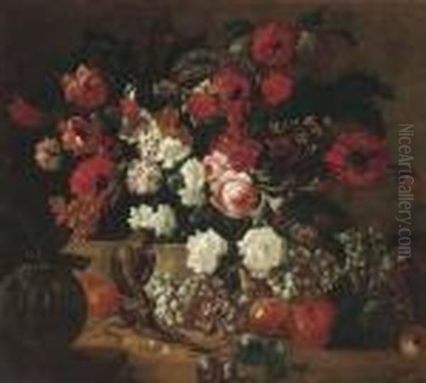 Poppies, Carnations, Roses,
Tulips And Other Flowers In A Basket Ona Ledge With Grapes, Pears,
Peaches, Plums And A Melon On A Forestfloor With A Monkey And A Parrot - view 1
