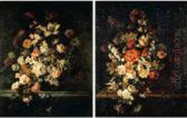 Still Lifes Of Roses, Irises,
Tulips, Carnations And Various Other Flowers, In Baskets On Stone Ledges - view 1