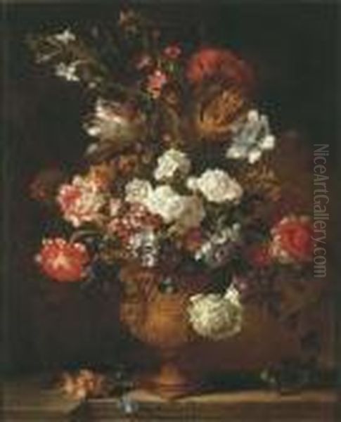 Parrot Tulips, Chrysanthemums, 
Primroses, Morning Glory And Otherflowers In A Sculpted Urn On A Stone 
Ledge - view 1