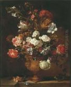 Parrot Tulips, Chrysanthemums, 
Primroses, Morning Glory And Otherflowers In A Sculpted Urn On A Stone 
Ledge by Jean-Baptiste Monnoyer