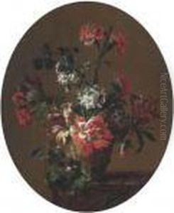 Carnations, Parrot Tulips,
Poppies, Morning Glory And Other Flowersin A Sculpted Urn On A Ledge by Jean-Baptiste Monnoyer