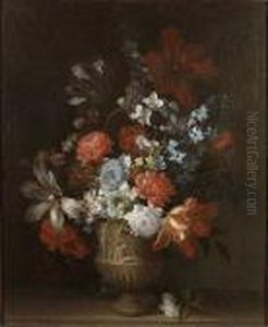 Tulips, Carnations, Narcissi And Other Flowers In A Stone Urn On A Ledge by Jean-Baptiste Monnoyer