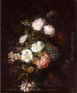 Carnations, Roses And Peonies With Other Flowers In A Glass Set On On A Stone Ledge. by Jean-Baptiste Monnoyer