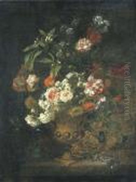 Peonies, Narcissi, Carnations And Other Flowers In An Urn On Aledge - view 1
