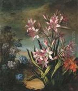 A Flower Bed With A Blue Chrysanthemum And Lilies