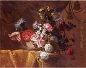 Still Life Of Hydrangeas,
Convolvuli, Peonies And Other Flowers In An Urn On A Draped Stone Ledge Still Life Of Hydrangeas,
Convolvuli, Peonies And Other Flowers In An Urn On A Draped Stone Ledge
