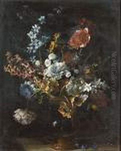 Chrysanthemums, Narcissi,
Hyancinths, Anemones And Other Flowers In A Gilt-bronze Mounted Glass
Vase On A Stone Ledge - view 1