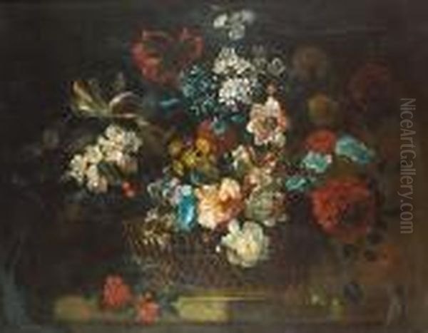 Carnations, Peonies, Tulips,
Narcissi, Morning Glory And Other Flowers In A Basket On A Ledge - view 1