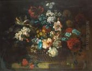 Carnations, Peonies, Tulips, 
Narcissi, Morning Glory And Other Flowers In A Basket On A Ledge