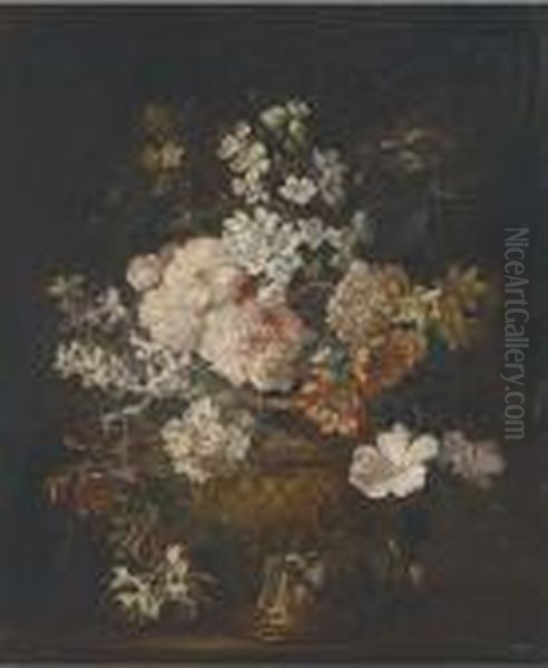 Chrysanthemums, Peonies,
Narcissi, Honeysuckle, Hyacinth And Other Flowers In A Sculpted Urn On A
Ledge - view 1