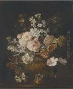 Chrysanthemums, Peonies,
Narcissi, Honeysuckle, Hyacinth And Other Flowers In A Sculpted Urn On A
Ledge by Jean-Baptiste Monnoyer