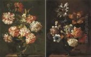 Carnations, Morning Glory, Zagara And Other Flowers In A Glass Vase On A Stone Ledge by Jean-Baptiste Monnoyer