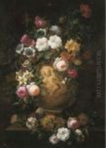 Roses, Poppies And Other Flowers In A Sculpted Vase On Apedestal