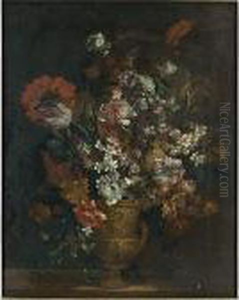 A Still Life With Tulips,
Carnations, Poppy Anemones, Hyacinths, And Other Flowers In A Copper
Vase On A Ledge - view 1