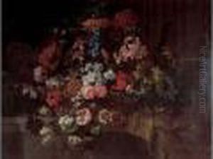 Corbeille De Fleurs Sur Un Entablement, Pres D'une Draperie. by Jean-Baptiste Monnoyer