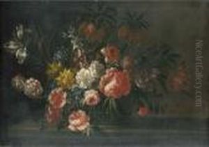 Roses, Carnations, Tulips And Other Flowers In A Basket On A Stone Ledge by Jean-Baptiste Monnoyer