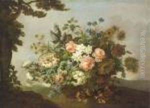 Roses, Carnations, Sunflowers, 
Honeysuckle And Other Flowers In A Basket By A Tree In A Hilly Landscape