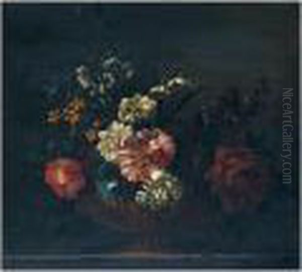 Still Life Of Chrysanthemums,
Peonies, Morning Glory And Narcissi, In A Gilt Urn, Upon A Stone Ledge - view 1