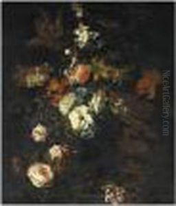 Still Life Of Various Flowers In A Glass Vase Upon A Stone Ledge by Jean-Baptiste Monnoyer