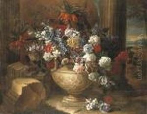Tulips, Lilacs, Dahlias And Other Flowers In A Sculpted Vase