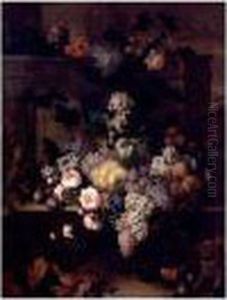 Still Life Of Fruit And Flowers Resting On A Stone Ledge With A Monkey And A Dog by Jean-Baptiste Monnoyer