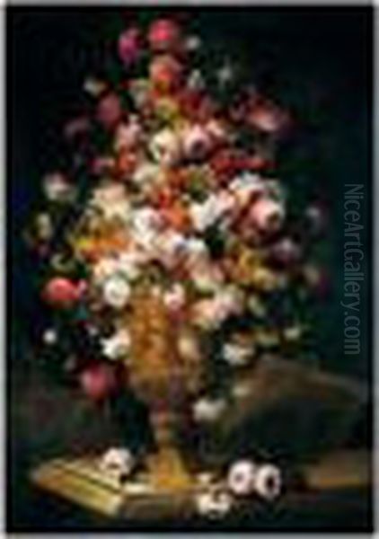 A Still Life Of Roses And Carnations In A Sculpted Urn Upon A Stone Ledge - view 1