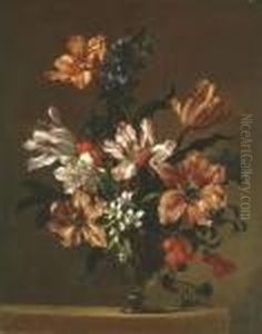 Parrot Tulips And Other Flowers In A Glass Vase On A Stone Ledge by Jean-Baptiste Monnoyer