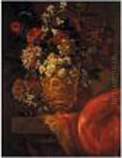 A Still Life Of Various Flowers
In A Gilt Sculpted Urn, Upon A Stone Pedestal, Partly Draped With A Rug - view 1
