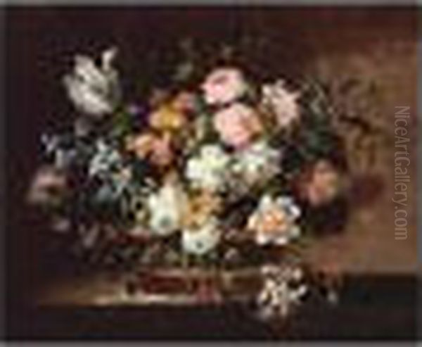 Still Life Of Tulips, Roses, 
Hyacinths And Other Flowers In A Wicker Basket Set On A Stone Table - view 1