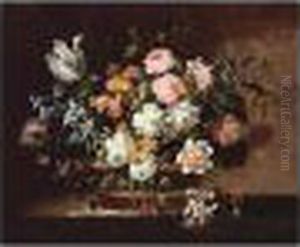Still Life Of Tulips, Roses,
Hyacinths And Other Flowers In A Wicker Basket Set On A Stone Table by Jean-Baptiste Monnoyer