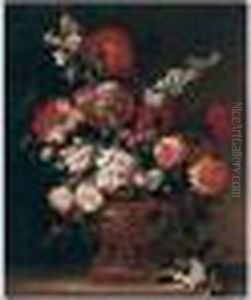 A Still Life Of Roses,
Carnations, Stocks, Poppies And Tobacco Plants, Arranged Within A Gilt
Urn, Together With A Sprig Of Orange-blossom Upon A Stone Ledge by Jean-Baptiste Monnoyer