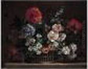 A Still Life Of Roses, 
Carnations, Delphiniums, Peonies And Lilies, Arranged In A Wicker 
Basket, Upon A Stone Ledge