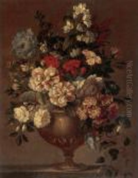 Still Life Of Zinnias,
Carnations, Morning Glories And Other Flowers In A Bronze Vase Resting
On A Ledge - view 1