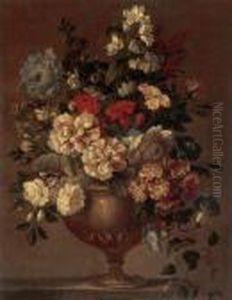 Still Life Of Zinnias, 
Carnations, Morning Glories And Other Flowers In A Bronze Vase Resting 
On A Ledge