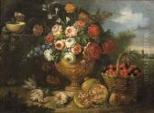 Mixed Flowers In A Vase With 
Cherries In A Basket, A Pomegranate And Flowers In A Landscape- An 
Overdoor