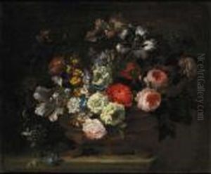 Roses, Tulips, Lilies,
Chrysanthemums, Lilac, Gentians And Yellow Sage In An Urn On A Marble
Ledge by Jean-Baptiste Monnoyer