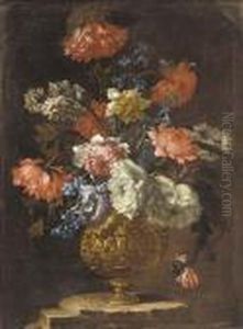 Carnations, Narcissi, Morning Glory And Peonies In A Gilt Vase On A Ledge by Jean-Baptiste Monnoyer
